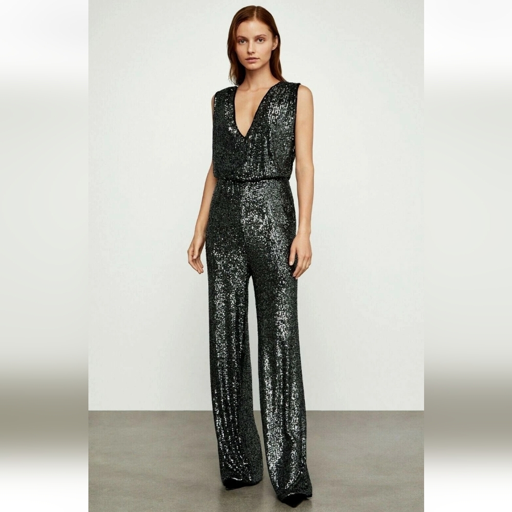 BCBGMaxAzria Sequin Wide Leg V-Neck Jumpsuit - Silver Gunmetal XXS NWT